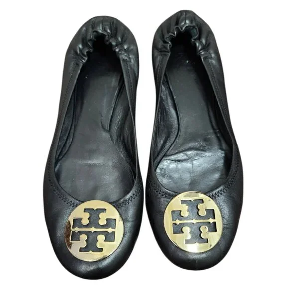 Tory Burch Reva Black Leather Ballet Flats Gold Logo Medallion Size 11 - Picture 2 of 10
